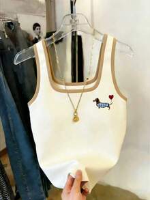 Resyla Contrast Color Dog Print Fitted Women Tank Top - Apricot - View 3