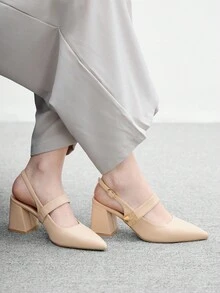 CUCCOO BIZCHIC 女士鞋履 春秋季尖头粗跟中跟杏色金属扣装饰女士露跟鞋 时尚经典简约通勤约会派对假日度假女士高跟鞋 - 奶茶杏 - 查看 4