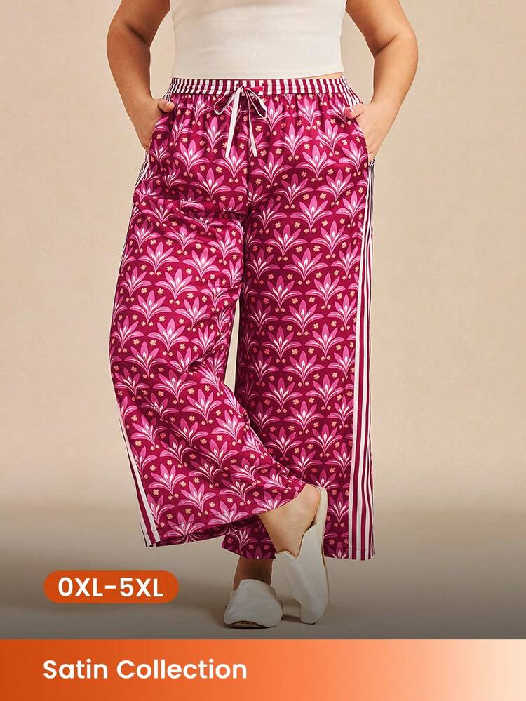 Plus Size Burgundy Floral Wide-Leg Pants