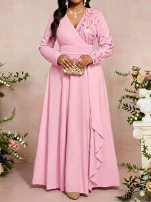 Fleurora 大码女式亮片V领长袖优雅连衣裙 - 粉色 - 查看 5