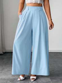 Elenzga Plus Size Solid Color Pleated Pocket Loose Casual Pants Fall - Baby Blue - View 4