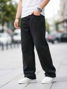 Tween Boys' Distressed Denim Jeans, Casual Loose Fit Baggy Retro American Style - Black - View 1