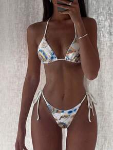 Swim Mod-D 两件套亮片挂脖比基尼上衣和侧系带泳裤，性感泳装套装，海洋生物印花，适合夏季度假 - 彩色 - 查看 5
