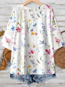EMERY ROSE Watercolor Floral Casual Minimalist Plus Size T-Shirt, Suitable For Summer - Multicolor - View 2