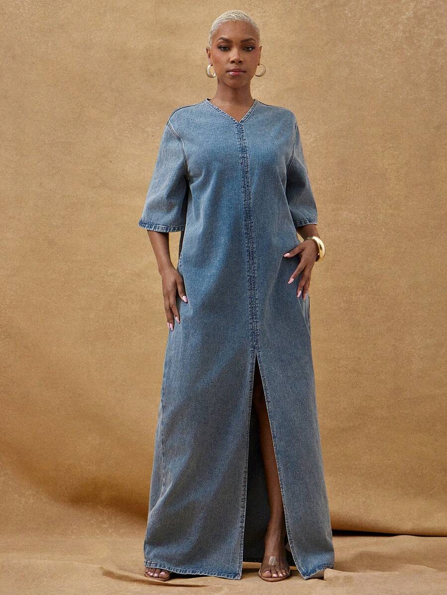 Vixey Casual Drop Shoulder V Neck Front Slit Denim Maxi Dress With Pockets - Medium Wash - View 1