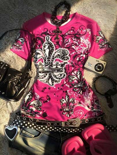 Glimmora 2000SY2K Printed Women's Crew Neck Slim Fit Short-Sleeve T-Shirt, Gothic Style, Suitable For Everyday Wear, Commuting, Parties, Gatherings, And Back-To-School.