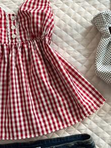 Glimmora Women's Red Plaid Button Design Casual Camisole - Red and White - View 7