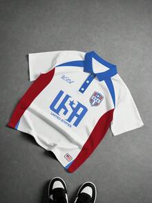 Aesthetic Post 复古美国字母印花 Polo 衫，翻领短袖，红白蓝撞色休闲运动上衣，男士图案 T 恤，女士图案 T 恤，男士时尚运动上衣，足球/橄榄球男士短袖 Polo 衫 - 彩色 - 查看 5