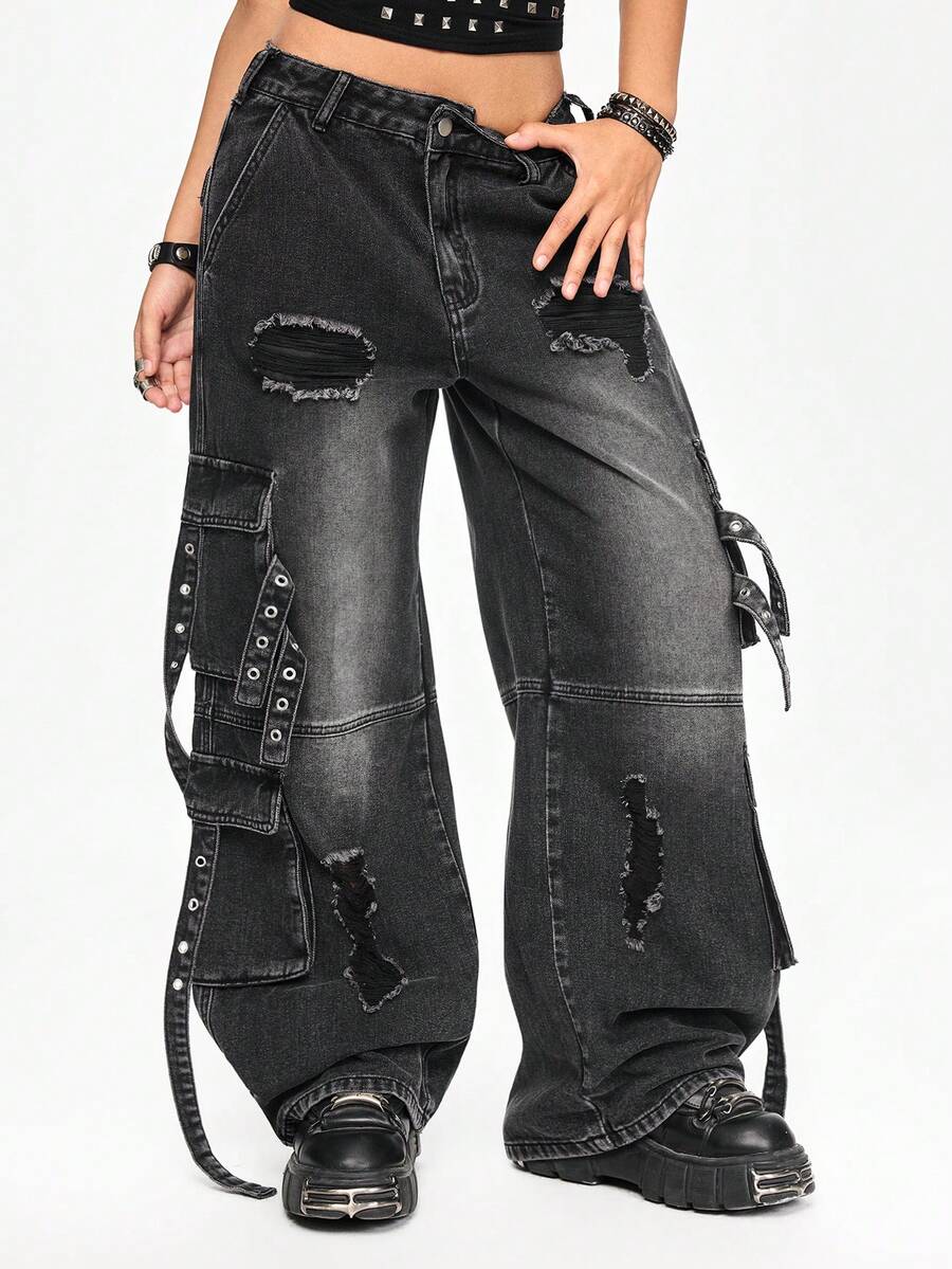 ROMWE Grunge Punk Women's Oversized Distressed Washed Denim Jeans - Black - View 1