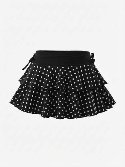 SHEIN Girlism Tween Girls' Street Style Knitted Drawstring Waist Layered Hem Skirt, Suitable For Home And Outings, Y2K Style Skirt