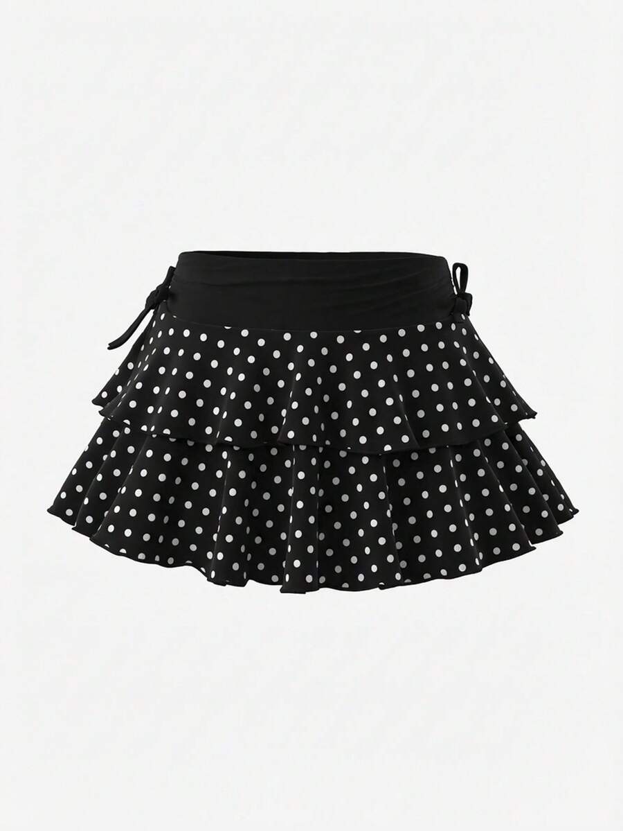 SHEIN Girlism Falda de estilo callejero de niña preadolescente con cintura con cordón y dobladillo con volantes, adecuada para el hogar y salidas, falda de estilo Y2K - Negro - Ver 1