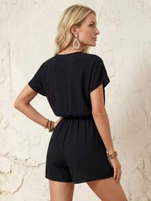 EMERY ROSE Mono Corto Tejido De Manga Corta De Escote En V Para Las Vacaciones De Verano - Negro - Ver 2
