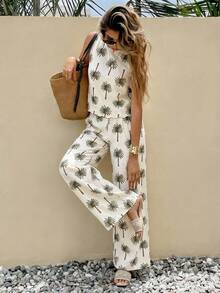 SHEIN Frenchy Women's Coconut Tree Print Round Neck Top And Wide Leg Pants Casual 2 Pieces Set - Green - View 4