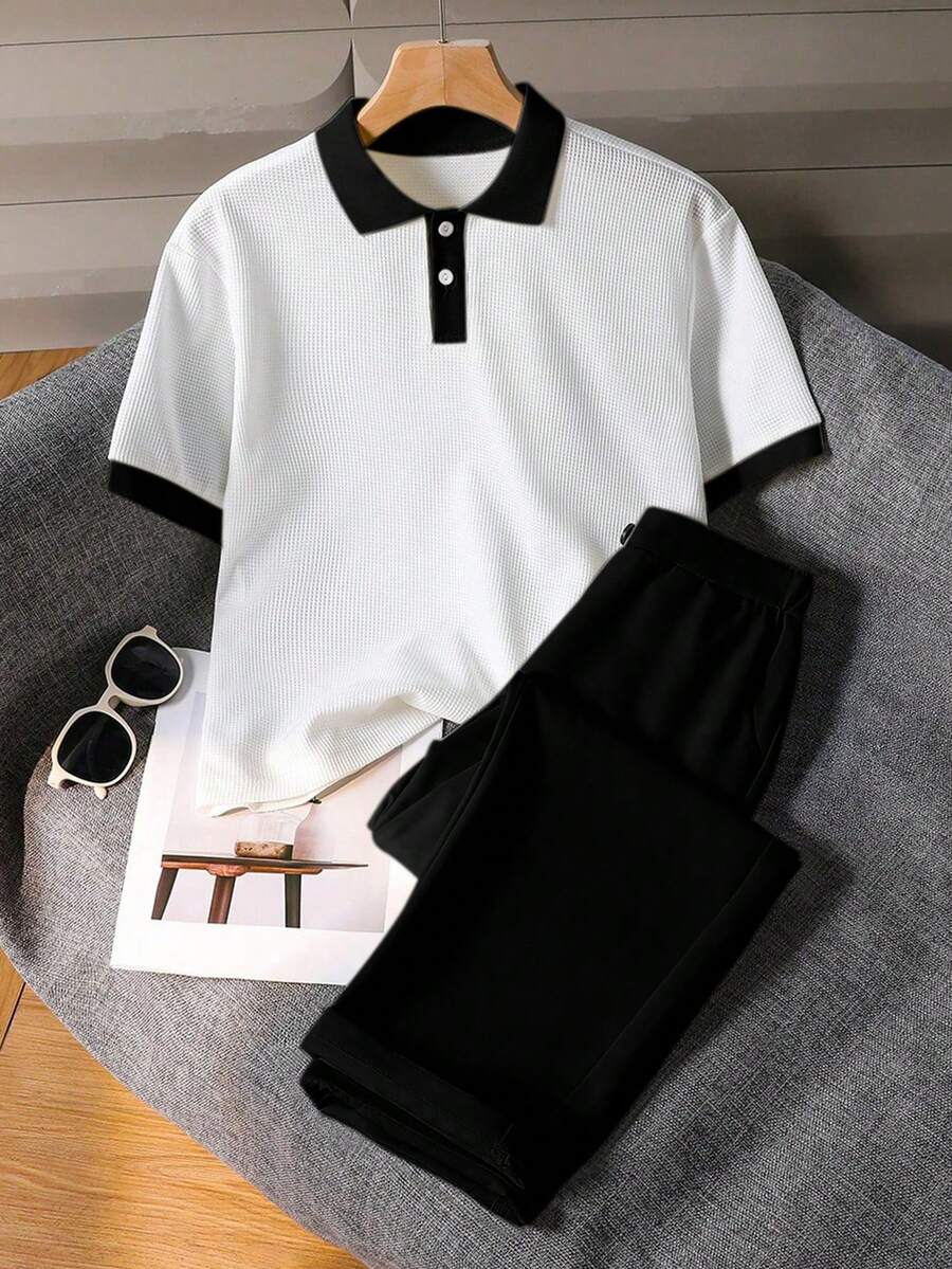 SHEIN 两件套青少年男童绅士套装,短袖Polo衫+长裤,优雅正式的生日派对、婚礼、周年纪念、毕业典礼等场合着装 - 黑色 - 查看 1