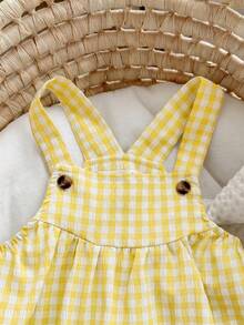 Green & White Plaid Casual Overalls For Baby Boys & Girls,Kids - Yellow - View 4