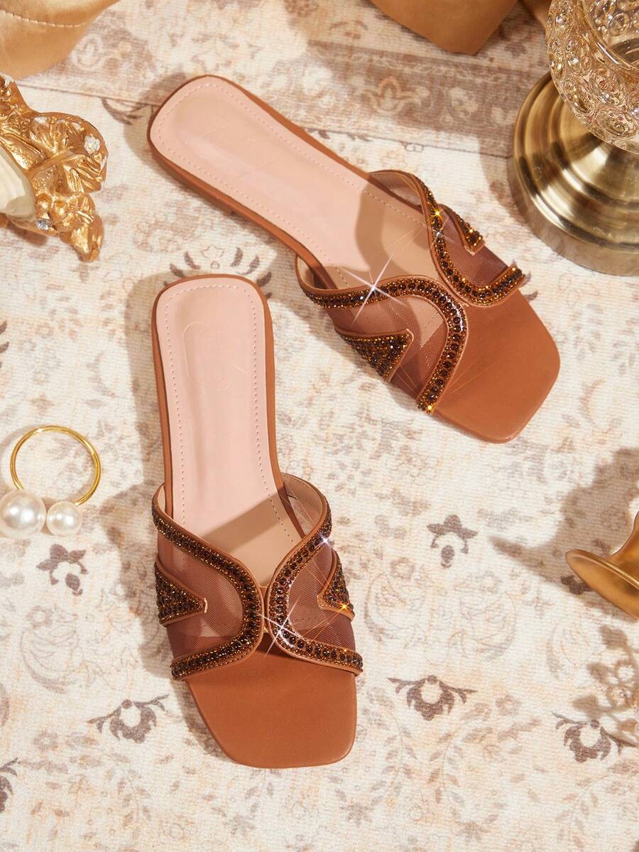 CUCCOO TILAWA Shiny Rhinestone Women's Flat Sandals With A Luxurious Style, Outdoor Vacation Style, Crown Rhinestone Women's Casual Commuting Flat Sandals Valentine's Day Summer Shoes - Brown - View 1