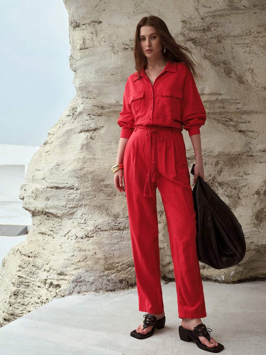 MOTF PREMIUM WOMEN'S LINEN FLOWY TASSEL WAIST TIE LOOSE JUMPSUIT, SPRING/SUMMER