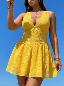 Sunnyshic Vestido Bordado Amarelo Sem Mangas Feminino, Primavera/Verão - Amarelo - Visão 4
