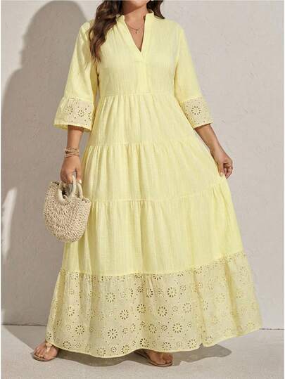 SHEIN LUNE فستان طويل للنساء ذوات الحجم الكبير بتصميم الخياطة المرقعة للكريسماس