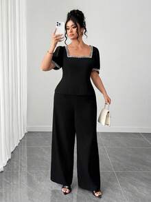 Elenzga 2pcs Plus Size Women's Elegant Sequin Satin Ribbon Square Neck Puff Sleeve Blouse,Slim Fit Long Palazzo Pants Set,Summer Black And White Wedding Guest - Black - View 3
