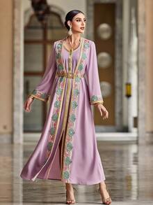 Al Najma 女士优雅二合一厚重拼布缎带装饰长袖粉色长袍，超长款摩洛哥卡夫坦连衣裙 - 藕粉色 - 查看 7