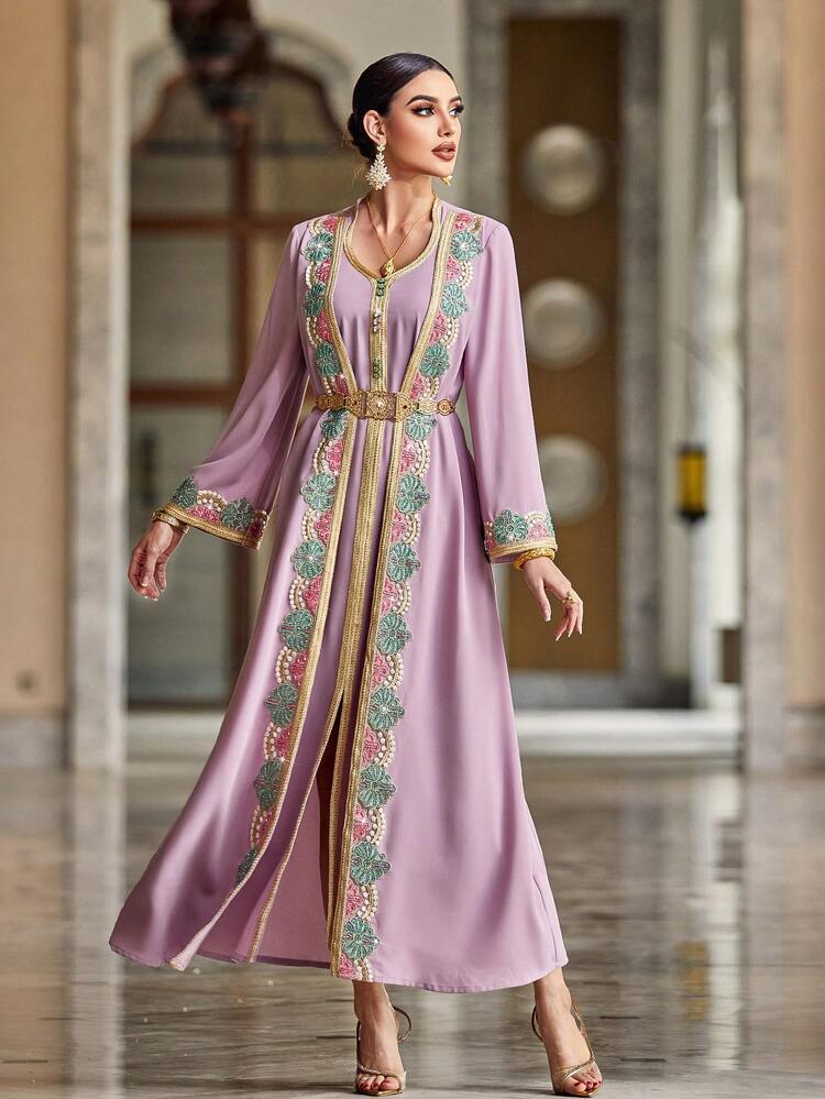 Women's Elegant 2 In 1 Heavy Work Patchwork Ribbon Decor Long-Sleeve Pink Robe, Maxi Length Moroccan Kaftan Dress