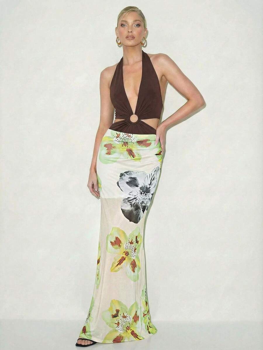 SHEIN Allurite 女士时尚度假风针织网纱印花迷你裙 - 彩色 - 查看 1