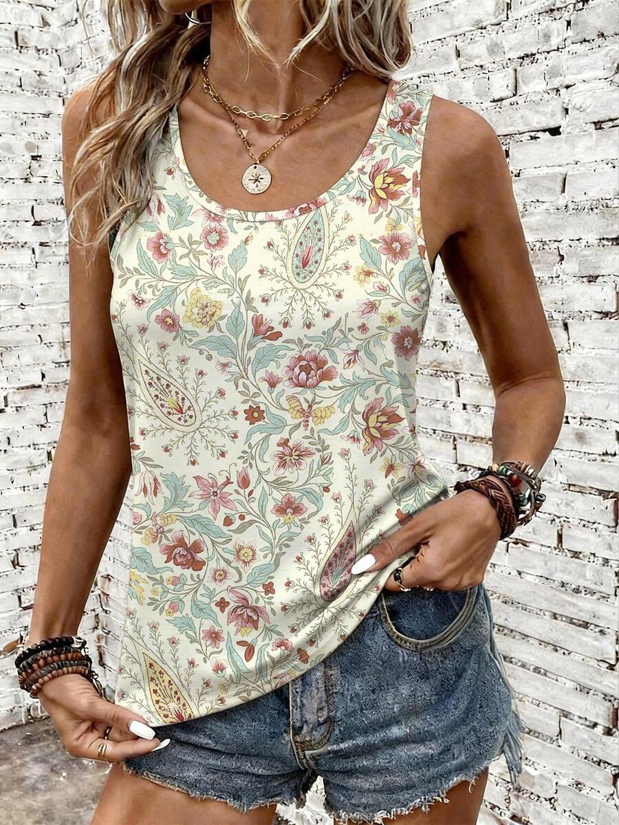 Selamara Women's Regular Fit Tank Top, Floral Print Pattern Design, Elegant Vibe, Suitable For Daily Wear, Light Mature Style, Summer - Multicolor - View 1