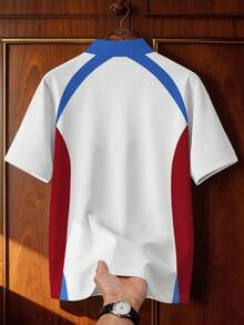 Aesthetic Post 复古美国字母印花 Polo 衫，翻领短袖，红白蓝撞色休闲运动上衣，男士图案 T 恤，女士图案 T 恤，男士时尚运动上衣，足球/橄榄球男士短袖 Polo 衫 - 彩色 - 查看 2