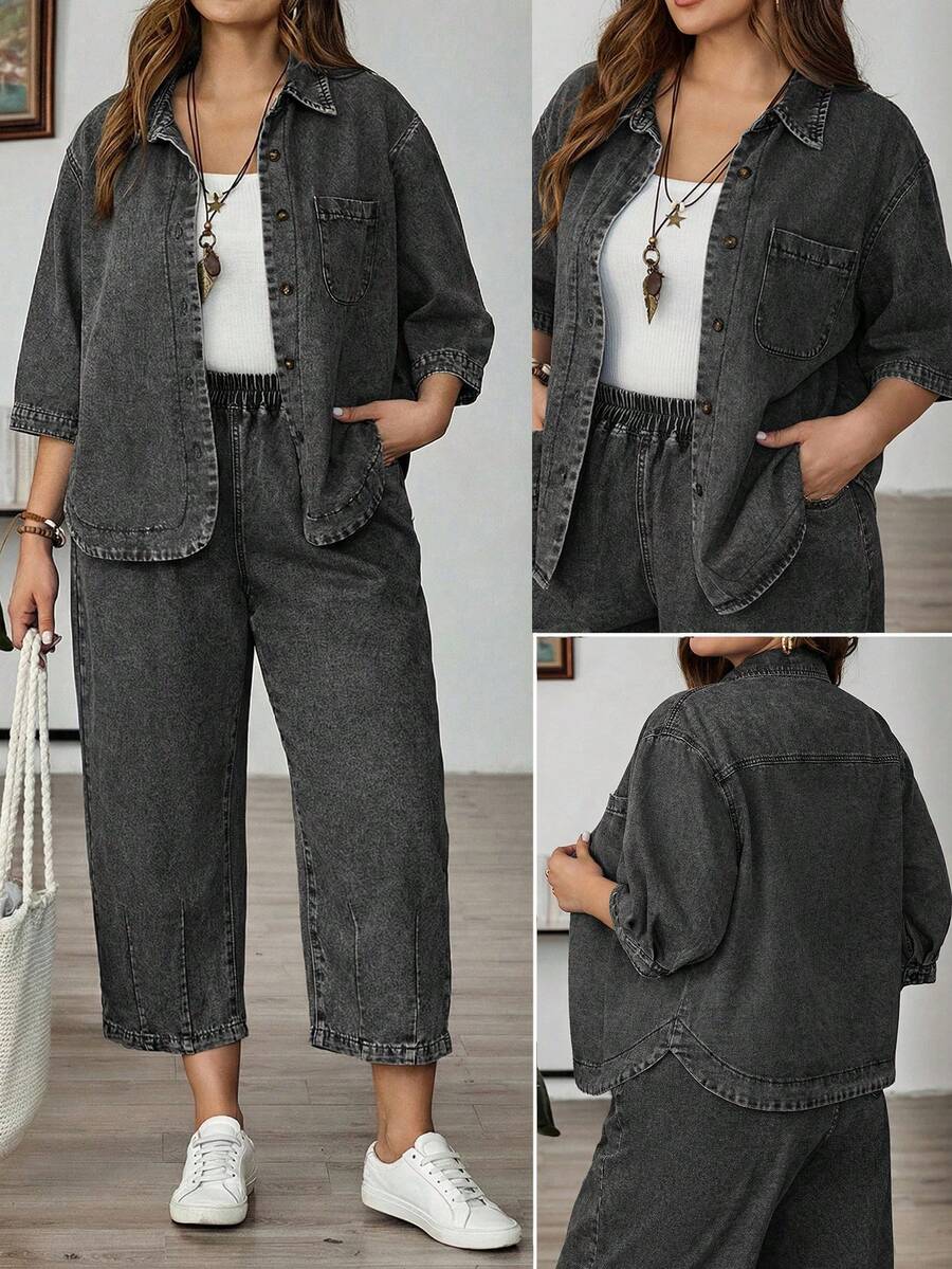 EMERY ROSE 大码女式休闲纽扣牛仔衬衫 - 黑色 - 查看 1