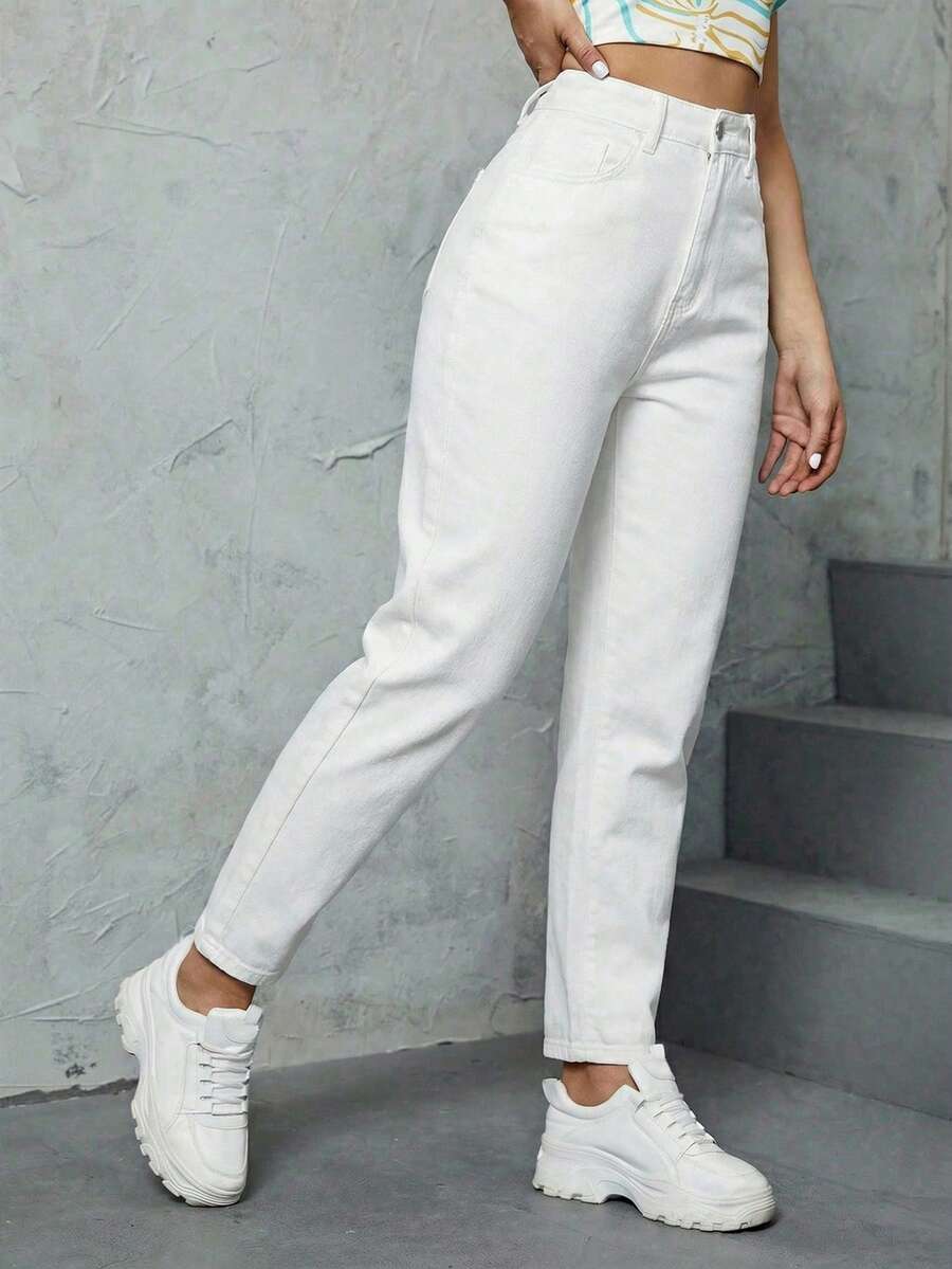 SHEIN ICON Casual Versatile Commute High Waist Solid Color Jeans - White - View 1