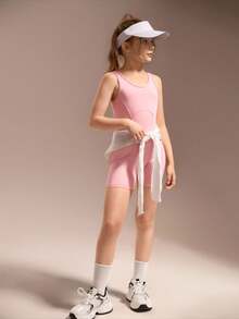 SHEIN Tween Mädchen Ärmellose Künstlerische Gymnastik Leotard, Pink, Hochelastischer atmungsaktiver Stoff, 4-Wege-Stretch, geeignet für Training, Wettkampf, Eiskunstlauf, Leichtathletik - Pink - Übersicht 6