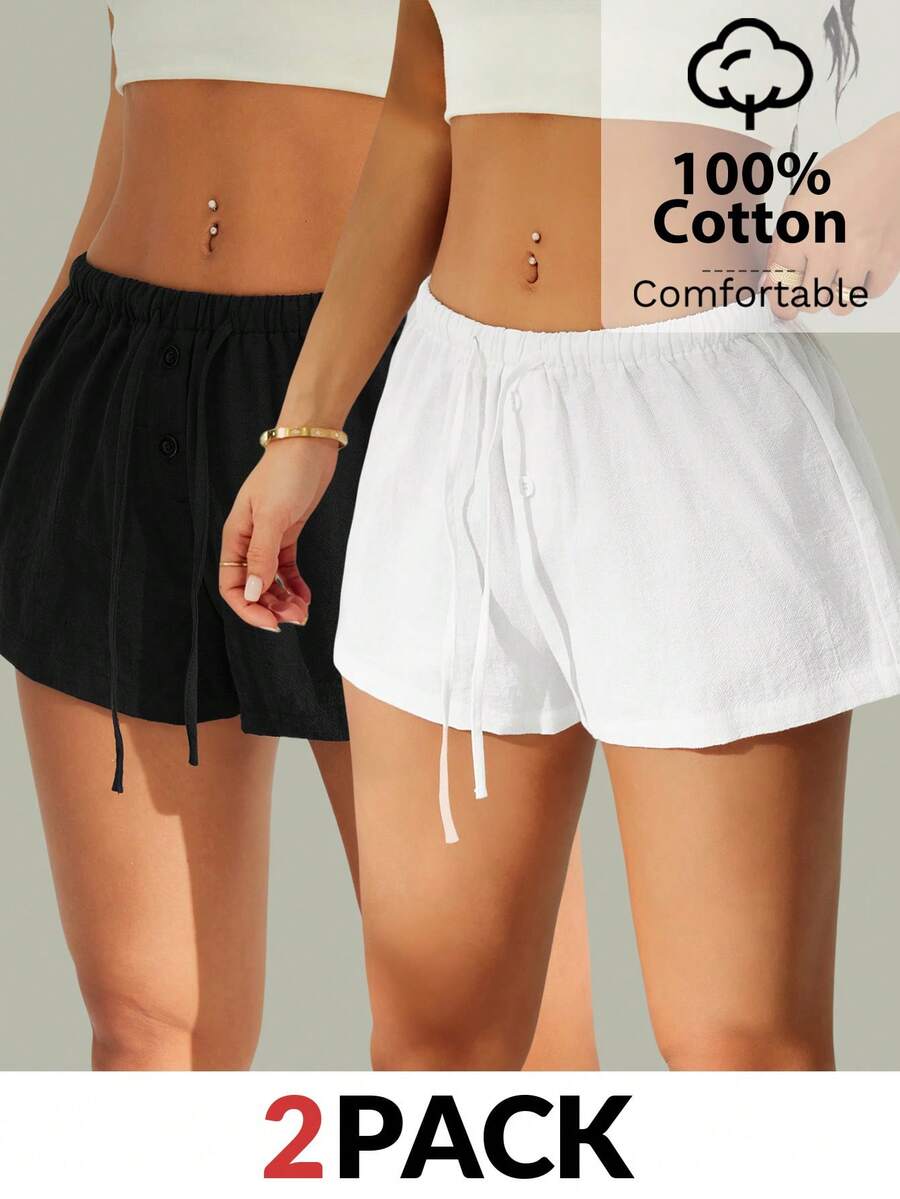 SHEIN PETITE 2 piezas Shorts de rayas de lino nuevos para mujer - Multicolor - Ver 1