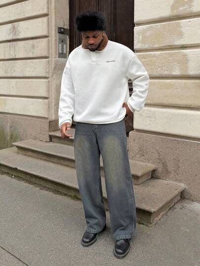 Heavens Edit Men's Knit Casual Loose Fit Long Sleeve Pullover Sweatshirt, Fashion Streetwear Autumn/Winter Letter Embroidery Contrast Collar Sweatshirt, For Friends, Husband, Boyfriend Gifts