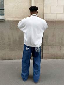 Heavens Edit Men's Casual Everyday Letter Print Loose Wide-Leg Jeans - Medium Wash - View 3