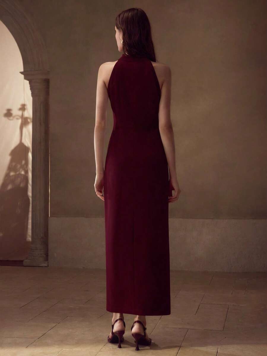 MOTF PREMIUM WOMEN'S ELEGANT FLORAL EMBROIDERED SLIT DRESS - Burgundy - View 2