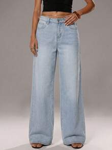 TRNVIE 时尚休闲碎花低腰阔腿牛仔裤 - 淺色水洗藍 - 查看 3