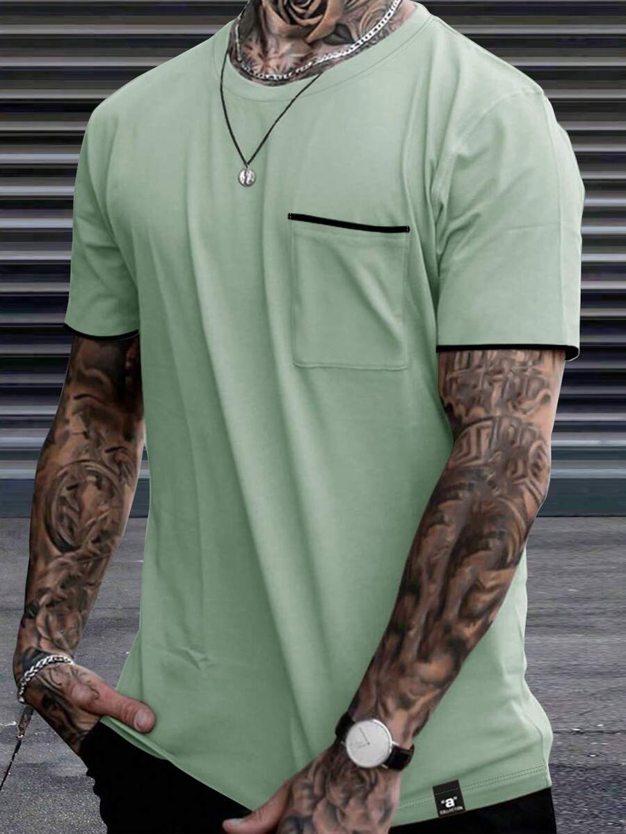 Manfinity Roughcore Men's Casual Daily Contrast Trim Pocket Round Neck Short Sleeve T-Shirt, Summer - Multicolor - View 1