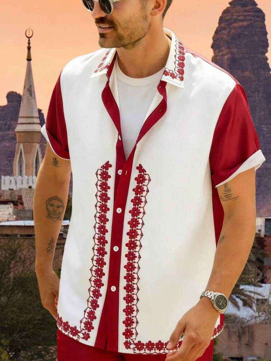 EGENSIO 男士休闲花卉刺绣撞色短袖衬衫，适合夏季度假和日常通勤 - 紅木色 - 查看 1