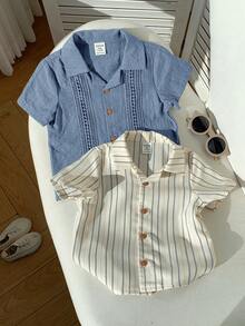 SHEIN 2pcs/Set Unisex Baby Boy Casual Vacation Woven Short Sleeve Shirt, Spring/Summer Baby Clothes - Multicolor - View 5