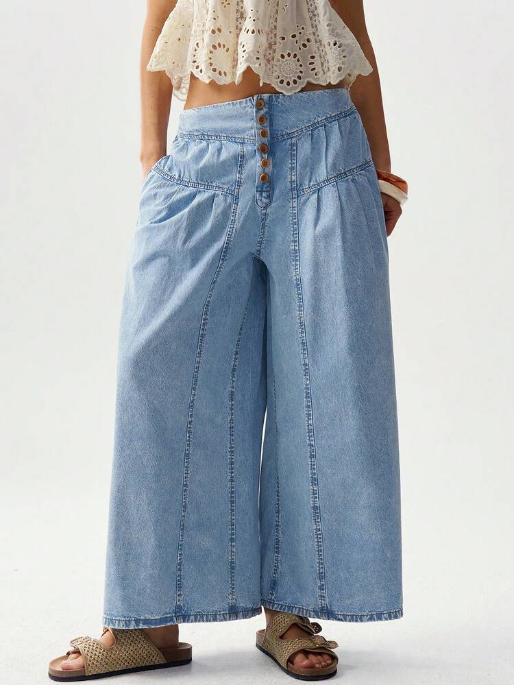 Bohemela Women's Casual Solid Color Woven Loose Wide-Leg Washed Pants Women Baggy Jeans Wide Leg Jeans - Light Wash - View 4