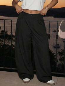 Hourglow Plus Size Casual Versatile Commuting Solid Color Wide Leg Pants, For Hourglass Body Shape - Black - View 2