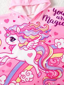 SHEIN 女婴可爱休闲粉色卡通图案连帽宽松沙滩罩衫，适合沙滩、游泳、度假 - 粉色 - 查看 3