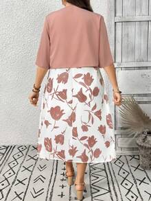 EMERY ROSE Set de 2 piezas: Chaqueta de unicolor y vestido sin mangas con estampado floral de escote en V para mujer de talla grande - Rosa vieja - Ver 2
