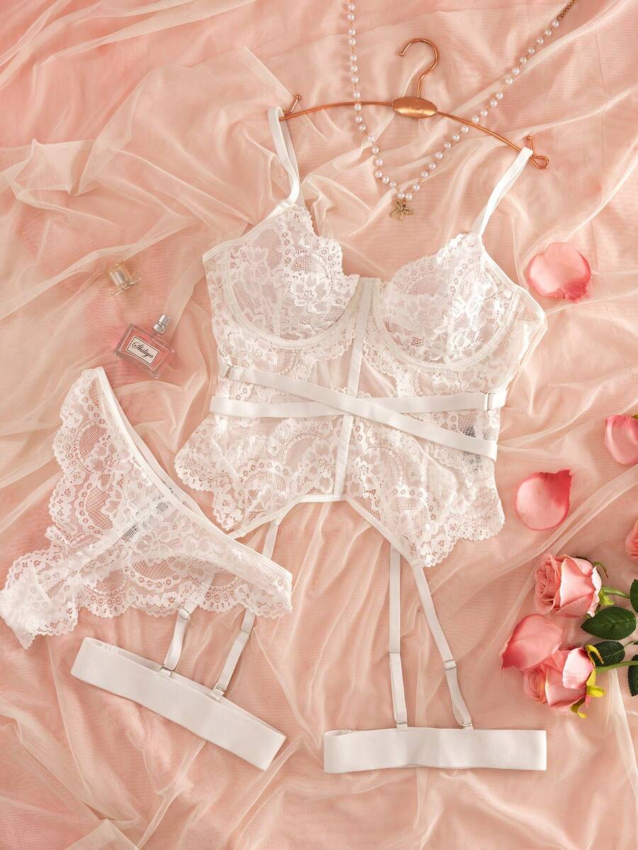 4pcs Lace Trimming Sexy Bra Set Underwear Outer For Going Out - White - View 1