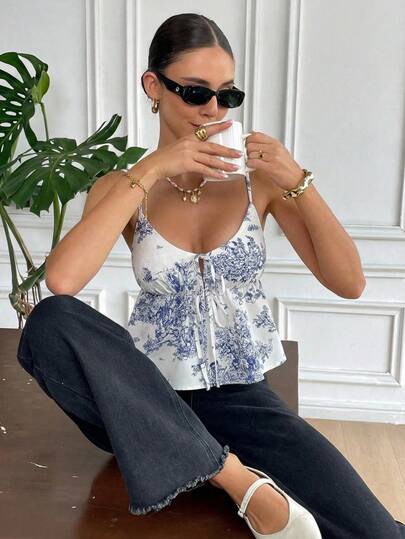 Serisse Camiseta de tirantes con estampado floral y nudo delantero para vacaciones