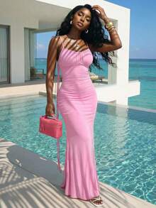 Slaydiva Spring/Summer Fashion: Birthday Party Attire, School Season, Preppy Style, Student Wear, Casual Outings, Basic Versatile, Casual Vacation, Central Travel, Beach, Sunbathing, Backless Mini Dress, Wedding Season, Spaghetti Strap Fitted Mermaid Long Dress - A - Baby Pink - View 5