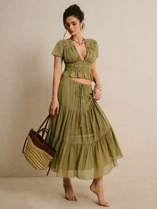 Poéselle Bộ 2 món kiểu Pháp: áo và chân váy phối ren màu trơn. - Màu xanh Ô liu - Xem 6