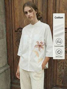 Maija Camisa holgada con botones al frente, cuello alto y mangas raglán con estampado floral para mujer - Blanco - Ver 3