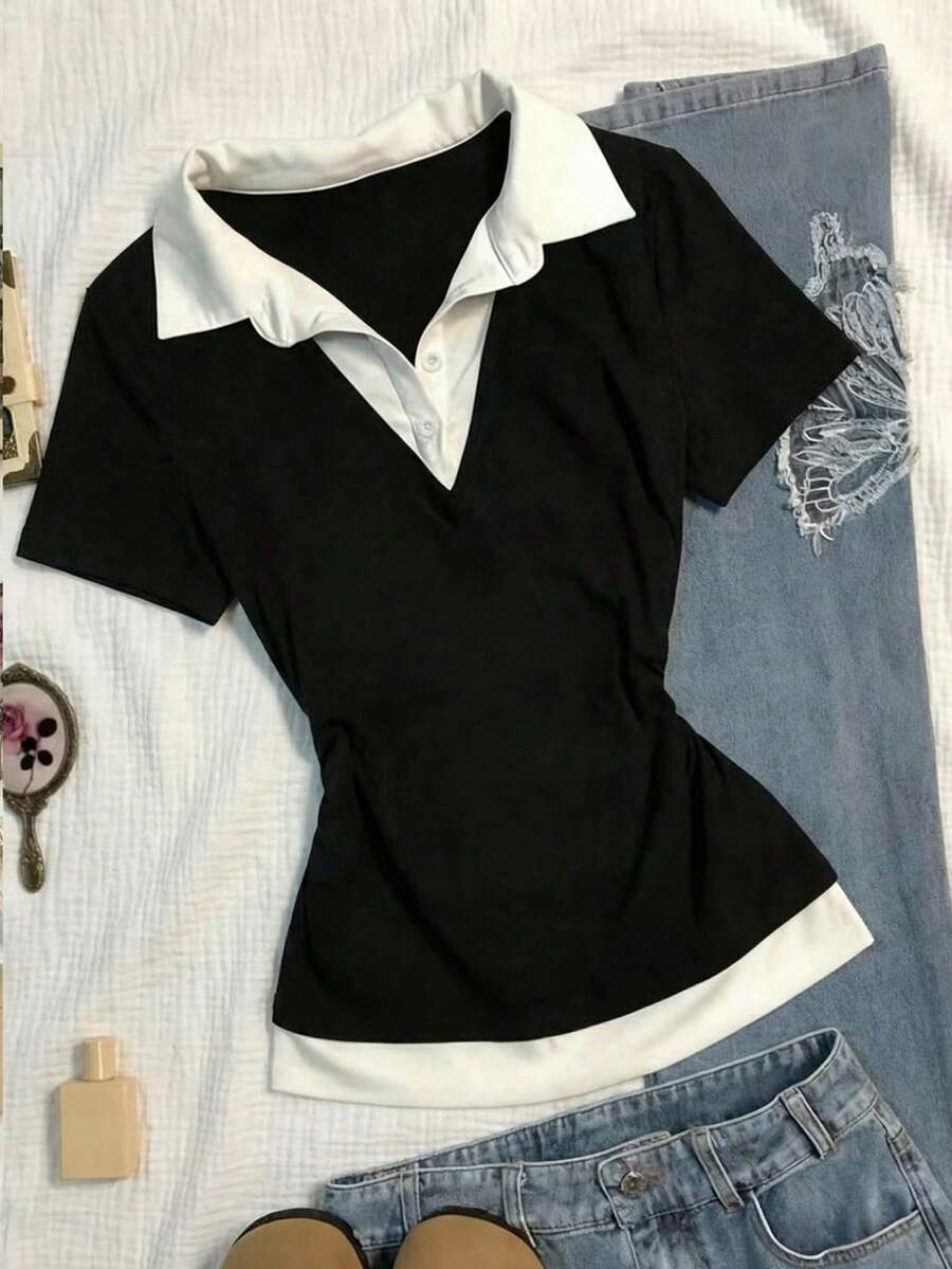 Teen Girls Black & White Polo Collar Short Sleeve Casual T-Shirt - Black and White - View 1